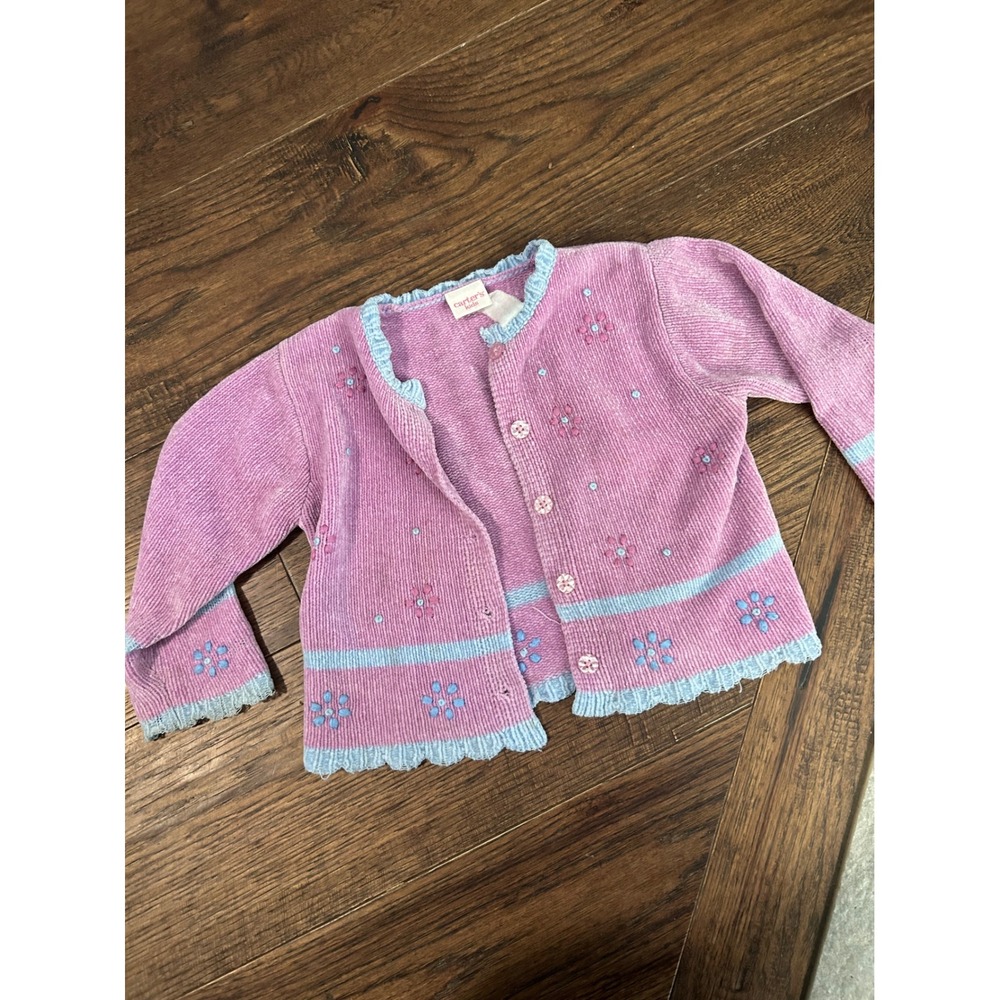 Carters Kids Vintage Chenille Purple Floral Embroidered Button Front Cardigan